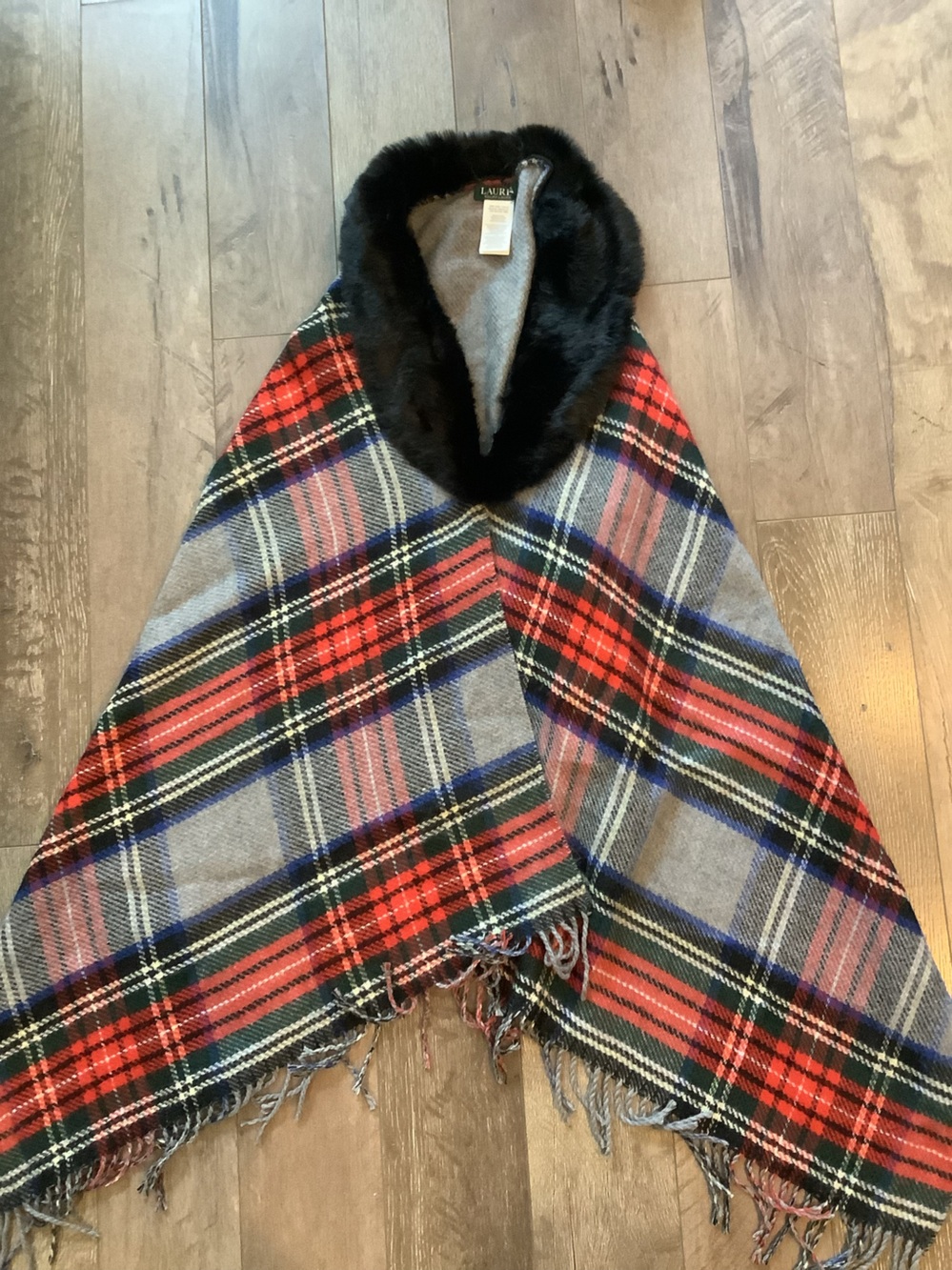 Ralph Lauren Grey Plaid Scarf with Black Faux Fur Trim